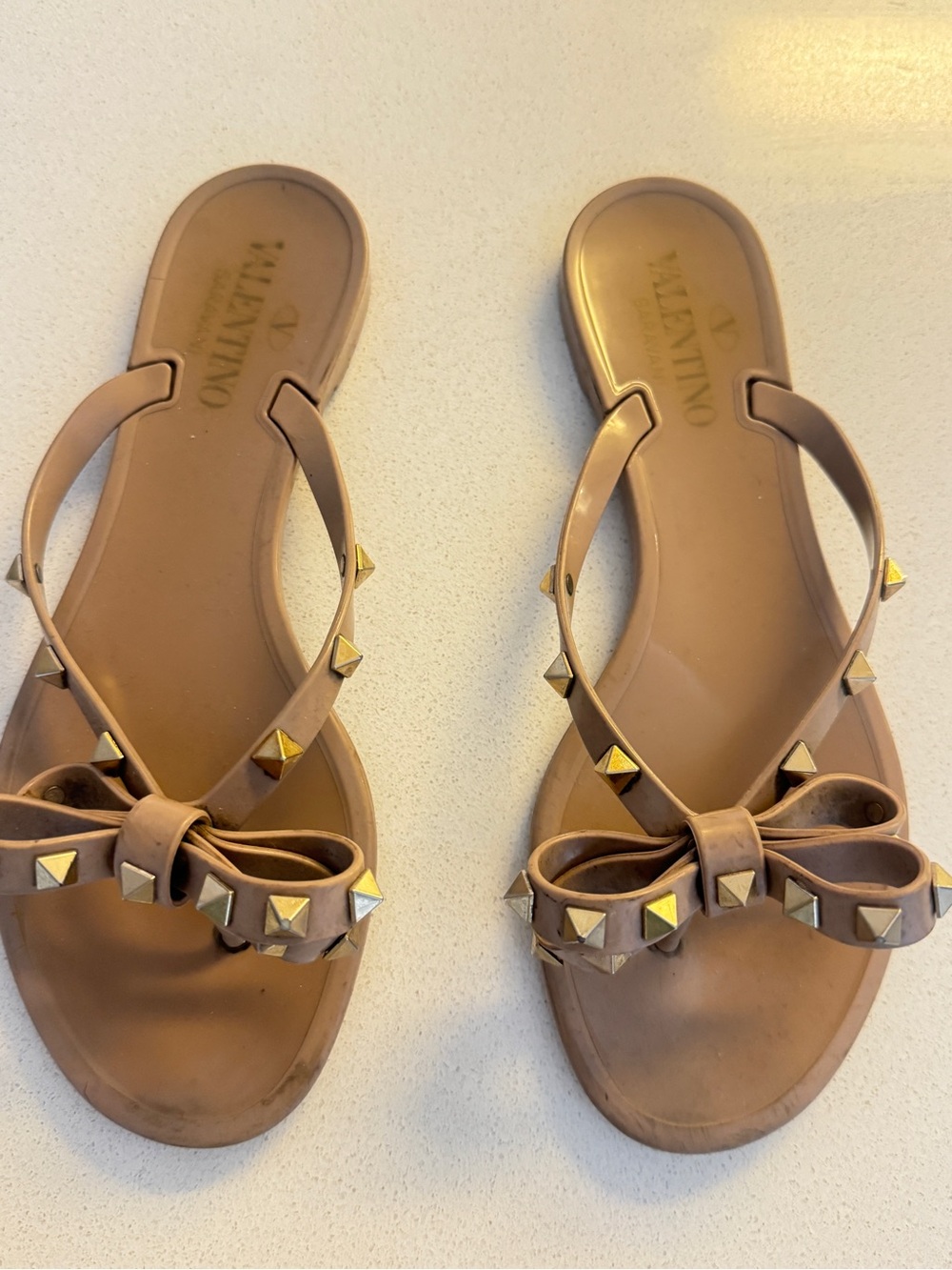 Valentino Taupe Jelly Bow Thong Sandals with Gold Studs